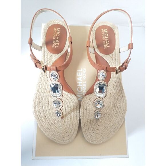 New! MICHAEL KORS Women's Rhinestone T-Strap Espadrille Sandals Size 8 Brown - Picture 8 of 14